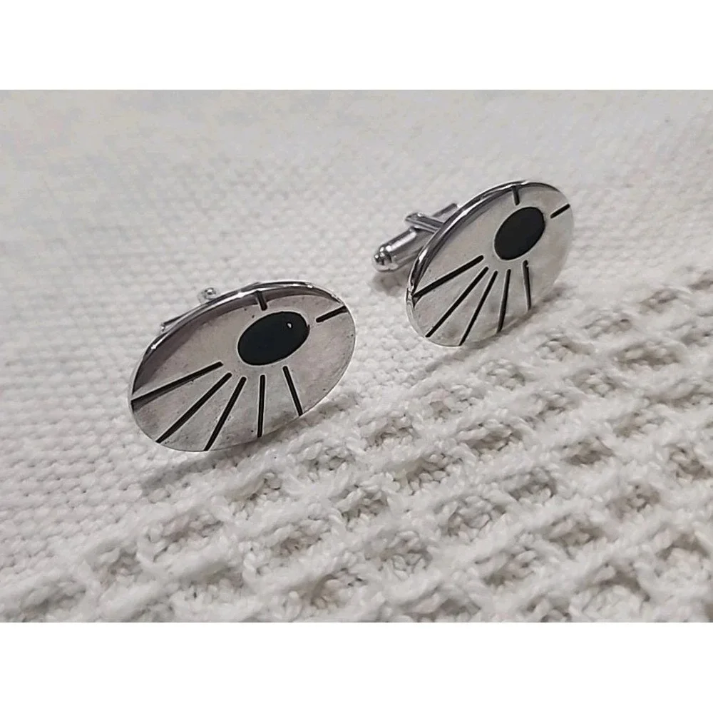 Vintage Hickok cufflinks Silver Black MCM Sunburst